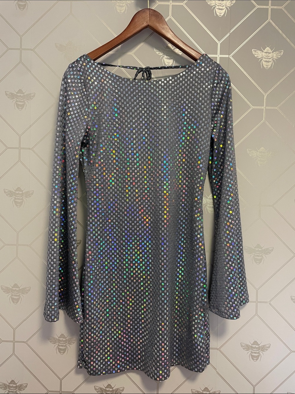 Gray Long-Sleeve Holographic Sequin Shift Dress